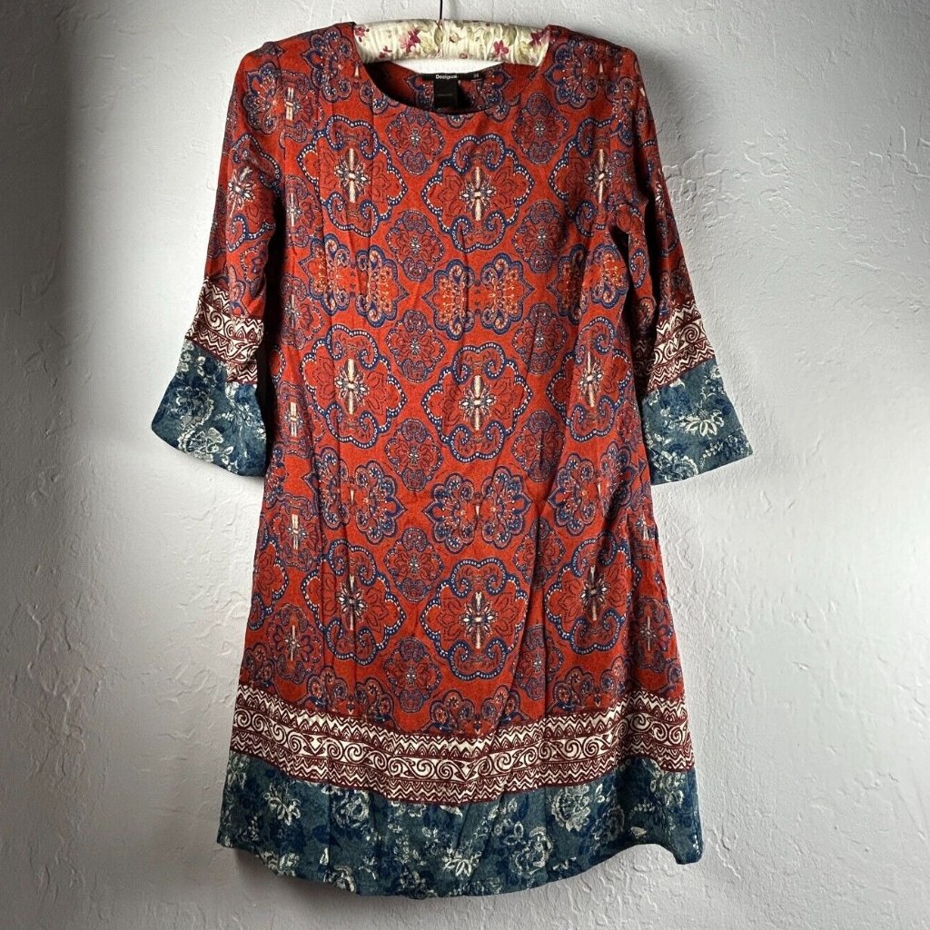 Desigual Women's Tina Dress Size 38 Red/Blue Paisley Print 3/4 Sleeve Mini Shift